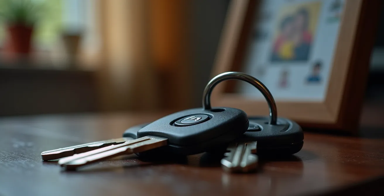 Autosleutels op houten bureau met wazig familieportret op achtergrond
