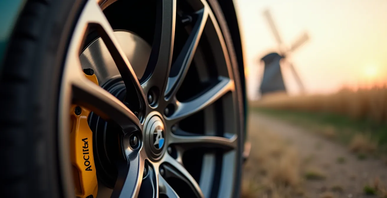 Close-up van moderne autovelg met Nederlandse polder op achtergrond