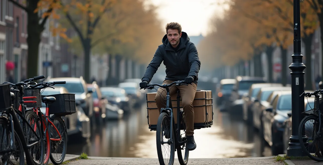 Elektrische bakfiets navigeert door smalle Amsterdamse straat