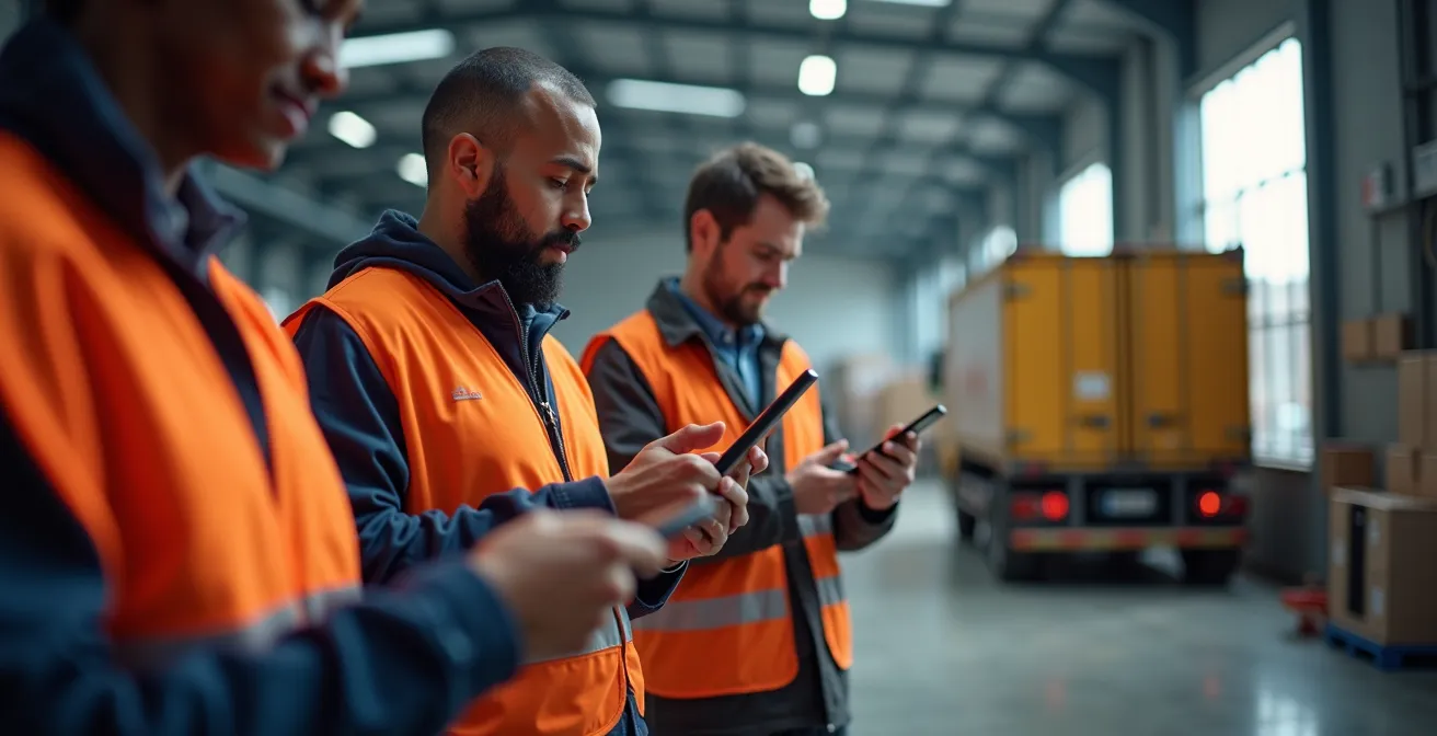 Cross-docking faciliteit met vrachtwagens aan laaddocks en directe overslag