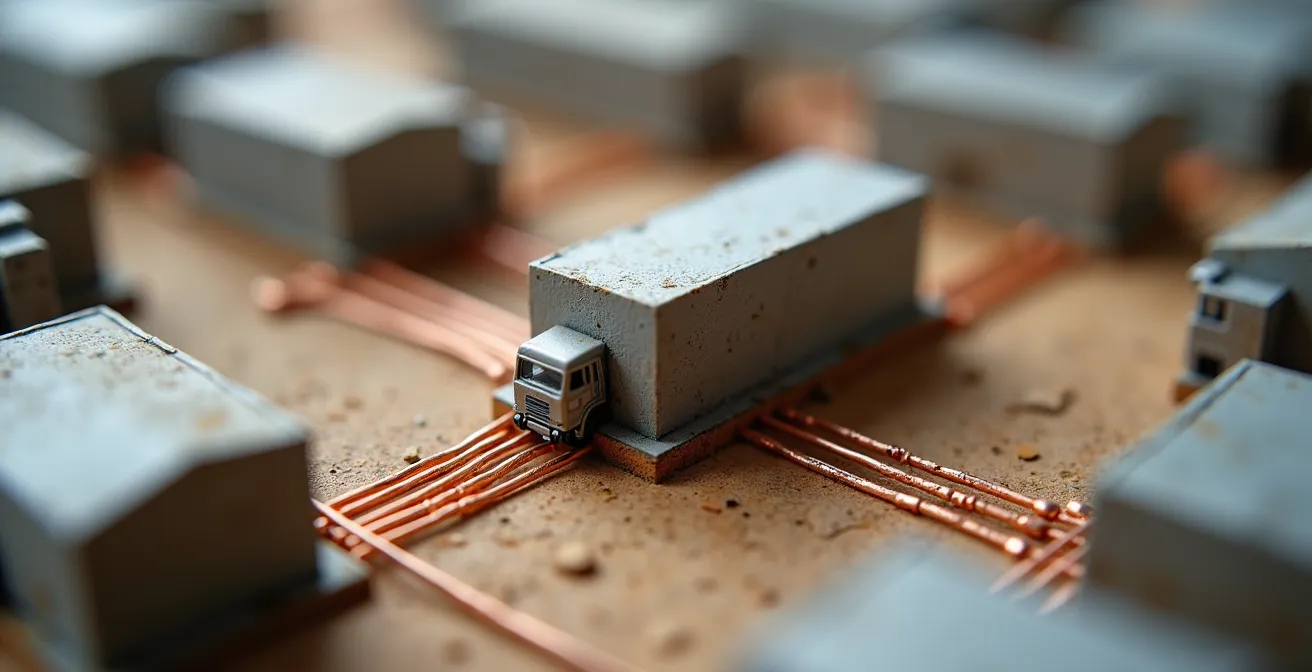 Macrofoto van logistiek netwerkmodel met miniatuur distributiecentra