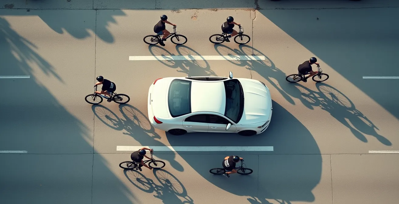 Bovenaanzicht auto met correct afgestelde spiegels en zichtbare fietsers