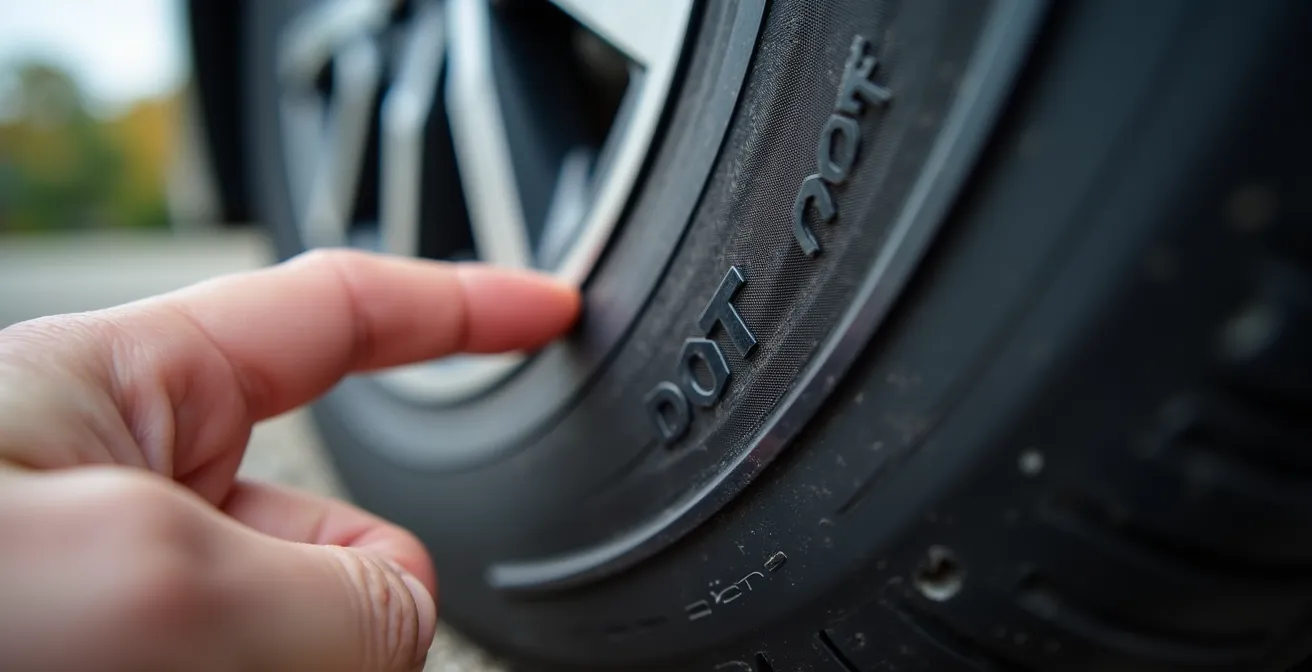 Close-up van DOT-code op een autoband, die de productiedatum aangeeft.