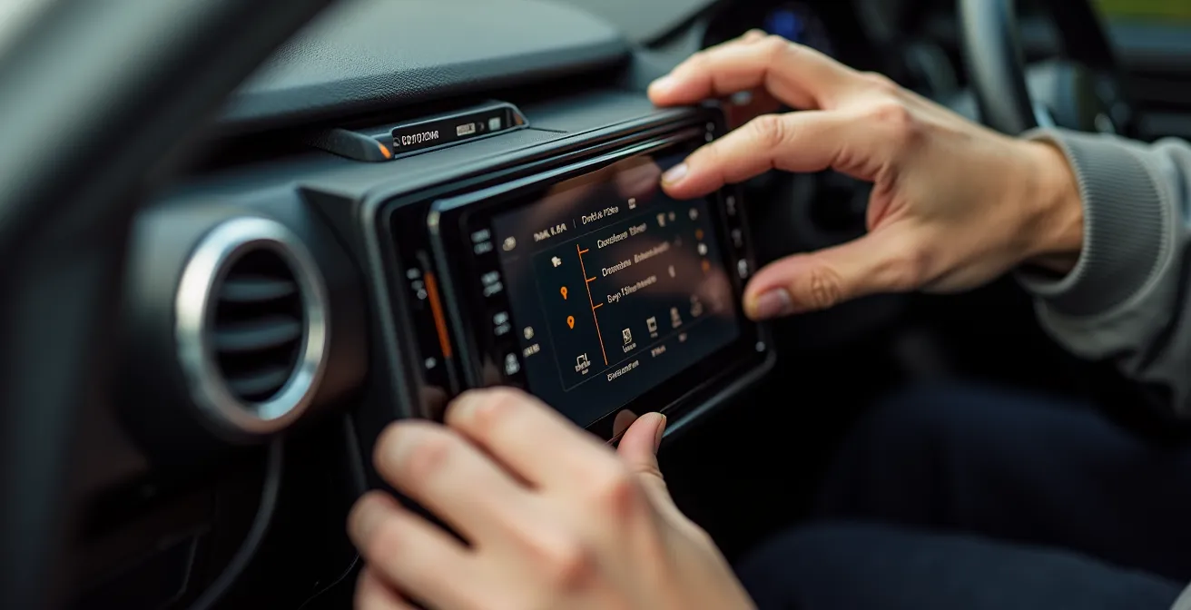 Close-up van een moderne dubbel-DIN navigatie-installatie in een auto dashboard
