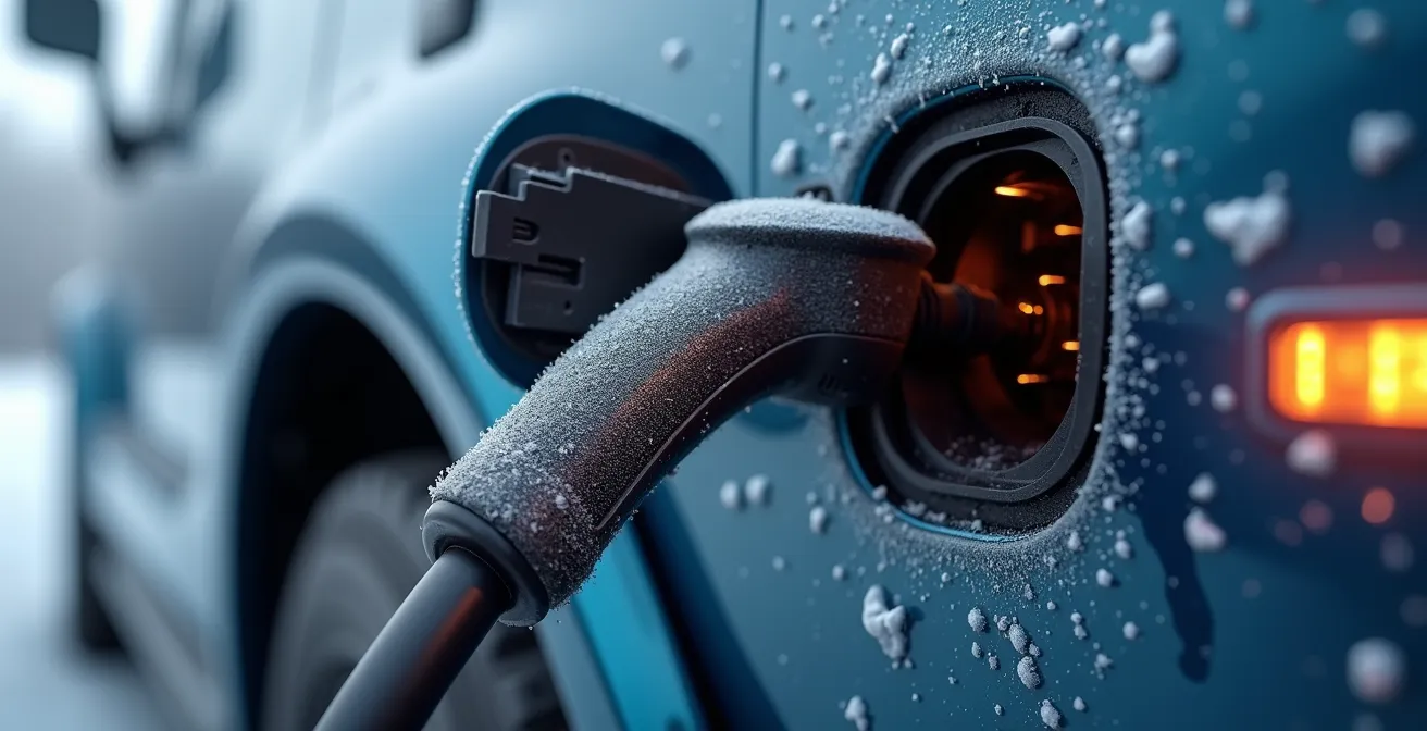 Elektrische vrachtwagen bij snellaadstation tijdens winterse omstandigheden
