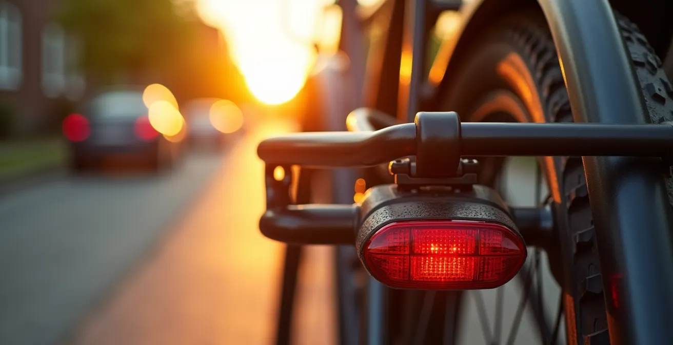 Close-up van correct gemonteerde witte kentekenplaat op fietsendrager met werkende verlichting