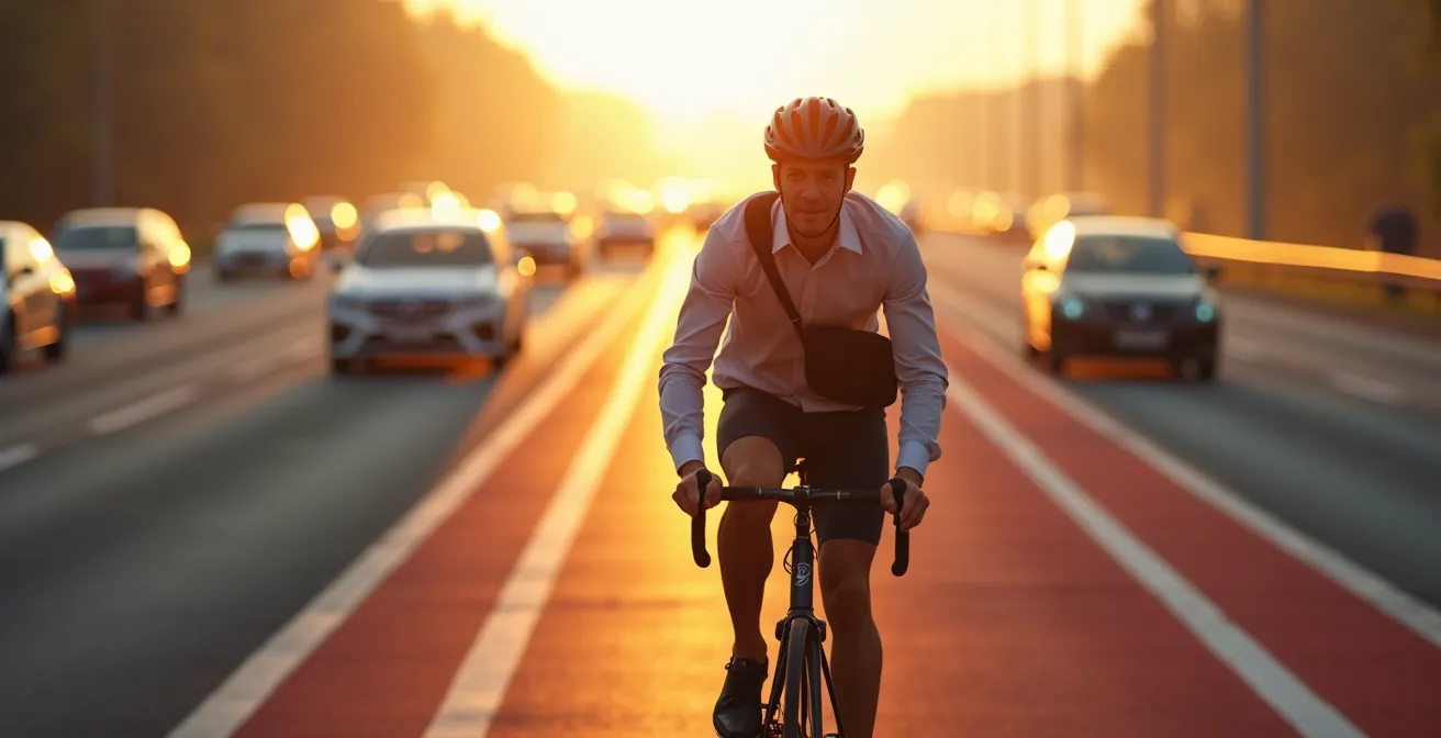 Speed pedelec fietser passeert file op parallelle rijbaan