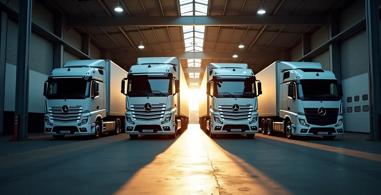 Visualisatie van een gemengde vloot met diesel en elektrische vrachtwagens in transitie