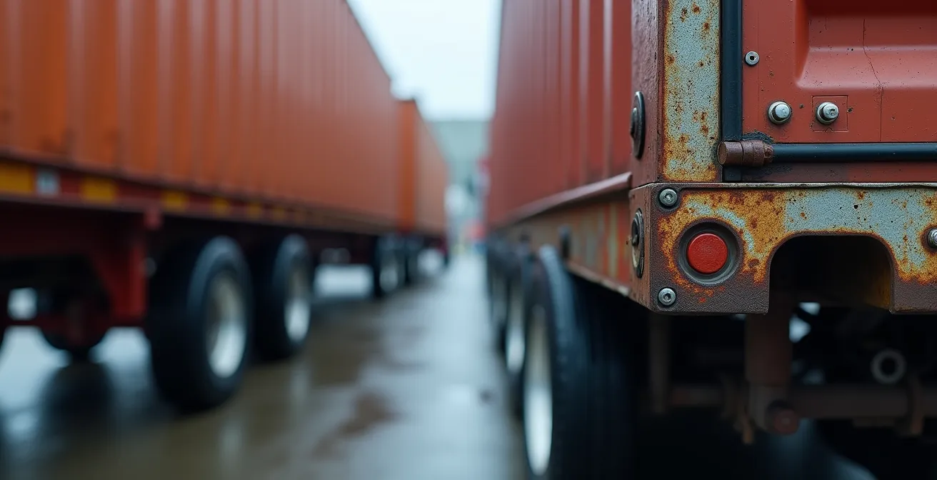 Close-up vergelijking van huckepack trailer en container op terminal