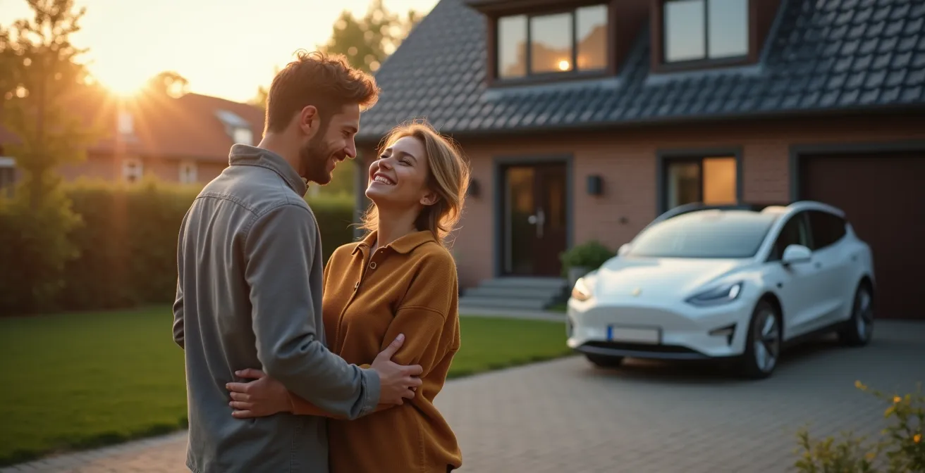 Moderne Nederlandse woning met elektrische auto op oprit