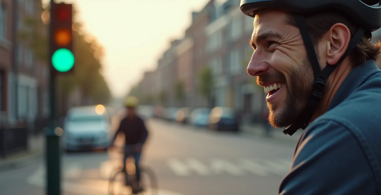Fietser nadert kruispunt met slim verkeerslicht dat automatisch groen wordt