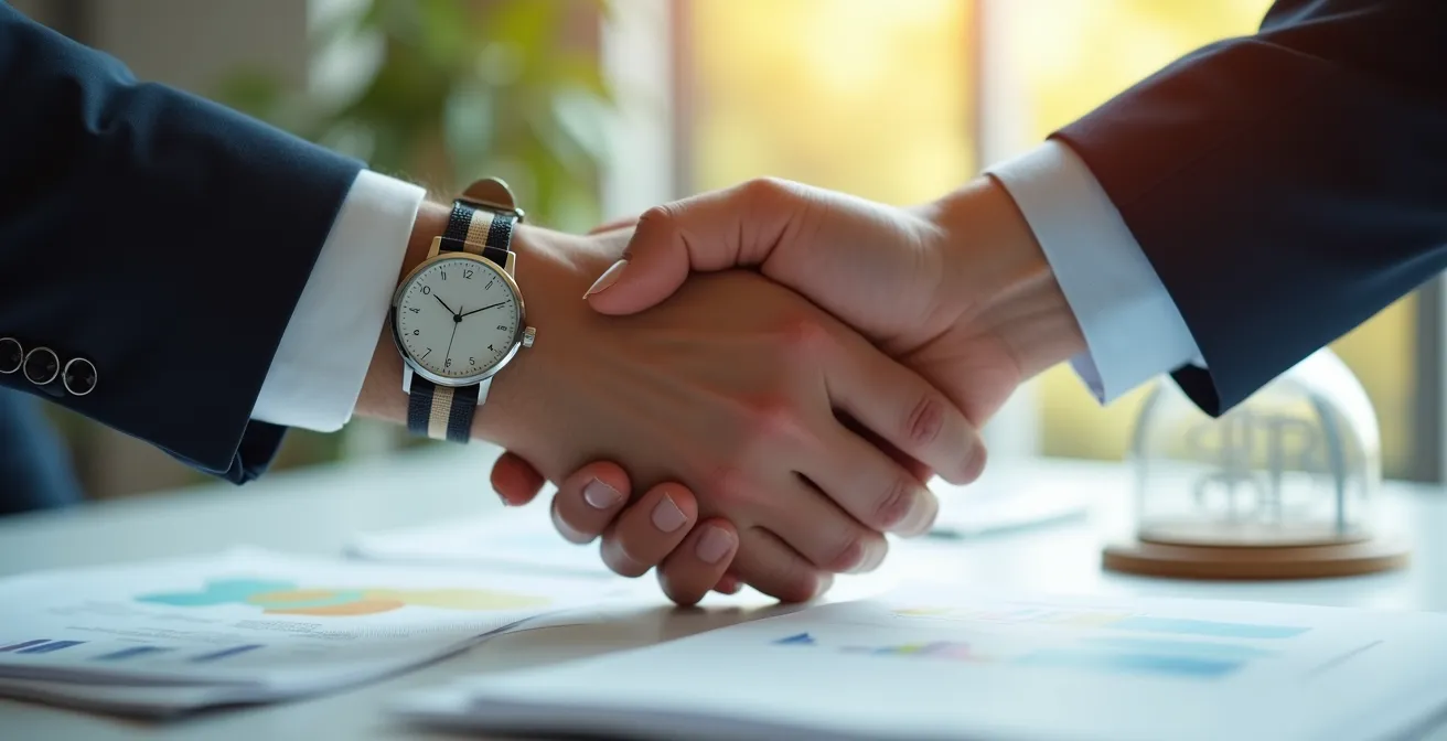 Close-up van professionele handdruk tussen adviseur en klant met wazig contract op achtergrond