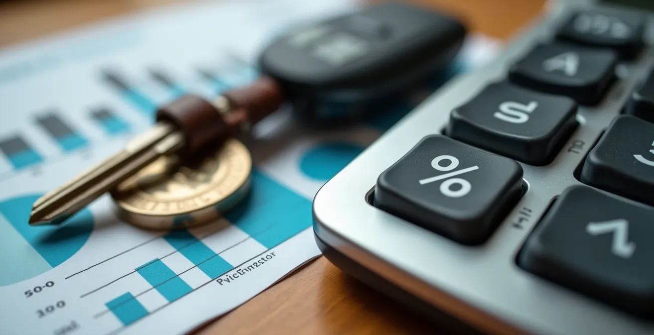 Close-up van rekenmachine met Nederlandse belastingformulieren en autosleutels
