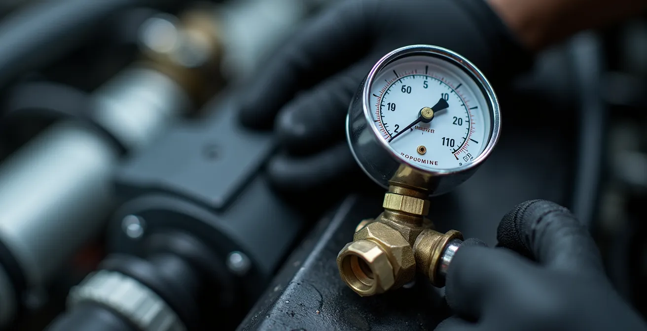 Monteur voert druktest uit op koelsysteem met speciale apparatuur