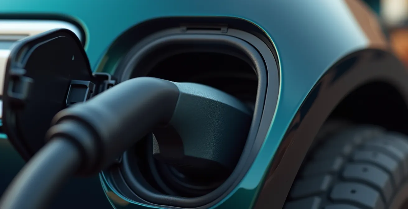 Close-up van noodontgrendeling mechanisme bij laadpoort elektrische auto