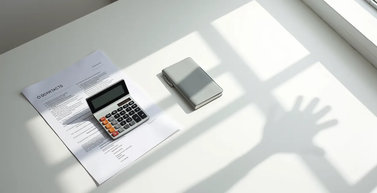 Calculator en contractpapieren op bureau met schaduweffect