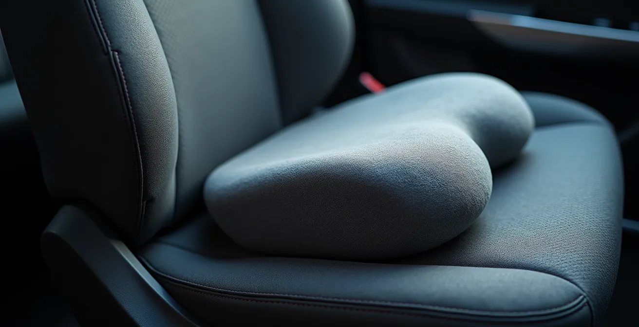 Close-up van ergonomisch lendenkussen correct geplaatst in autostoel