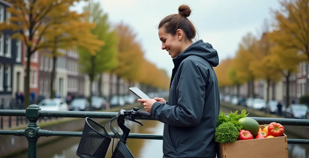 Lokale bezorger met elektrische bakfiets langs Nederlandse gracht voor persoonlijke levering