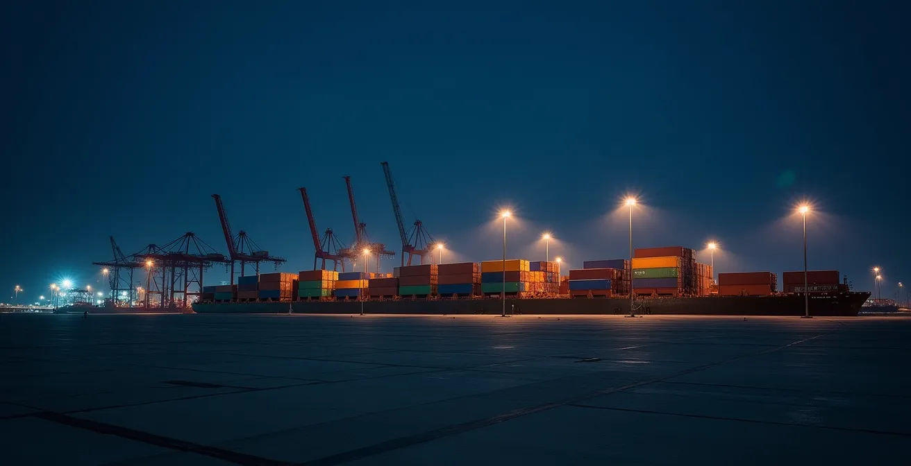 Minimalistische nachtopname van verlichte containerterminal met negatieve ruimte