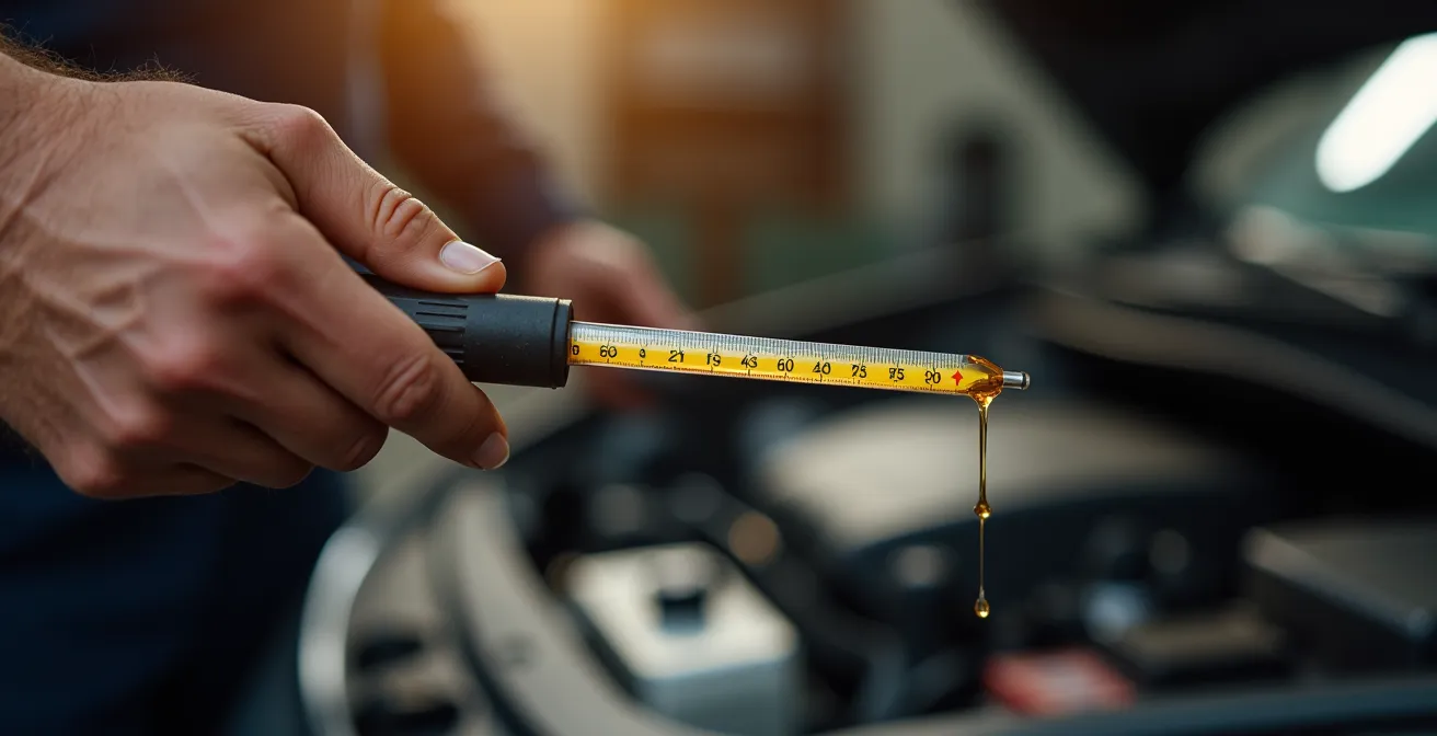 Hand die oliepeilstok controleert met zichtbare MIN en MAX markeringen