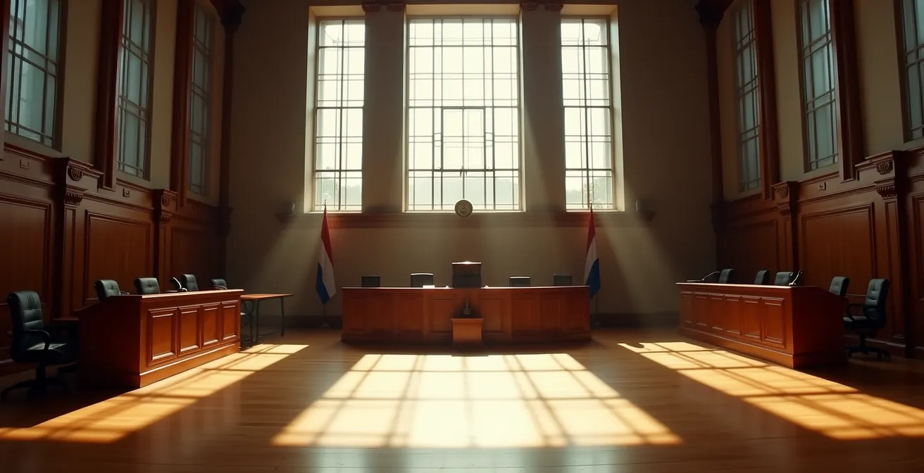 Nederlandse rechtszaal met lege stoelen en rechterstafel vanuit breed perspectief