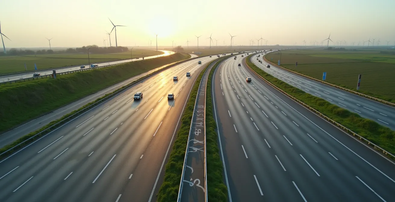 Bovenaanzicht van correct ritsgedrag op Nederlandse snelweg met auto's
