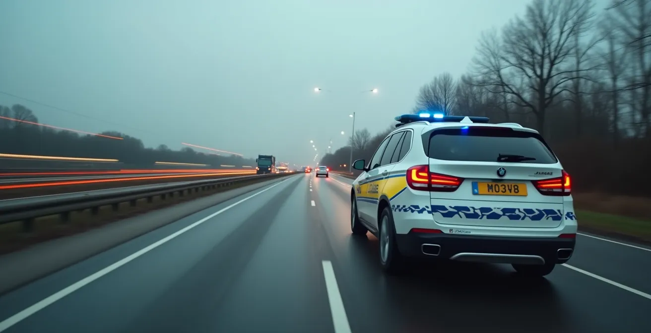 Politieauto langs Nederlandse snelweg tijdens snelheidscontrole met wazig verkeer op achtergrond