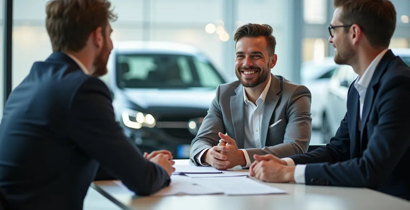 Jonge Nederlandse ondernemer in gesprek bij autodealer met documenten