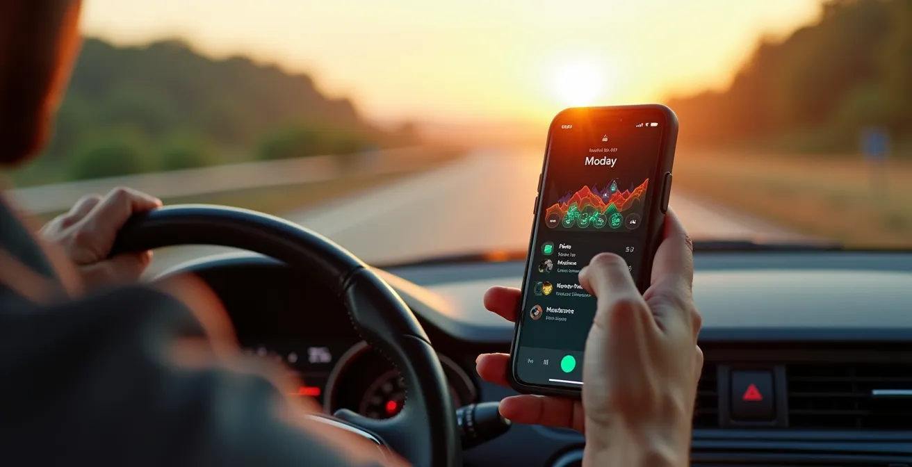Smartphone met navigatie-apps in autohouder tijdens vakantierit