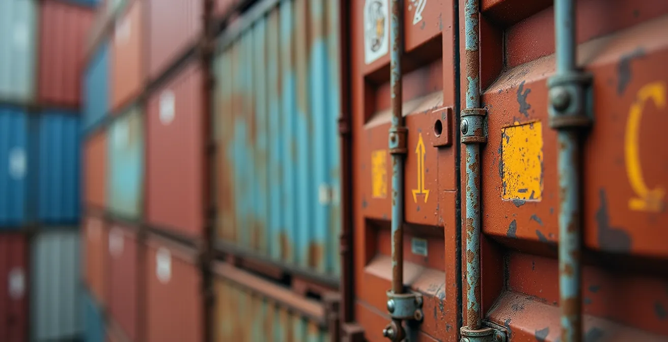 Macro opname van containerschepen in de haven met focus op congestieproblemen